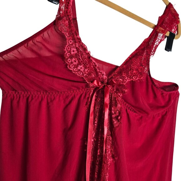 Red Lace Trim Sleeveless Nightgown With Bow Detail & Adjustable Straps Sz M - Picture 4 of 9
